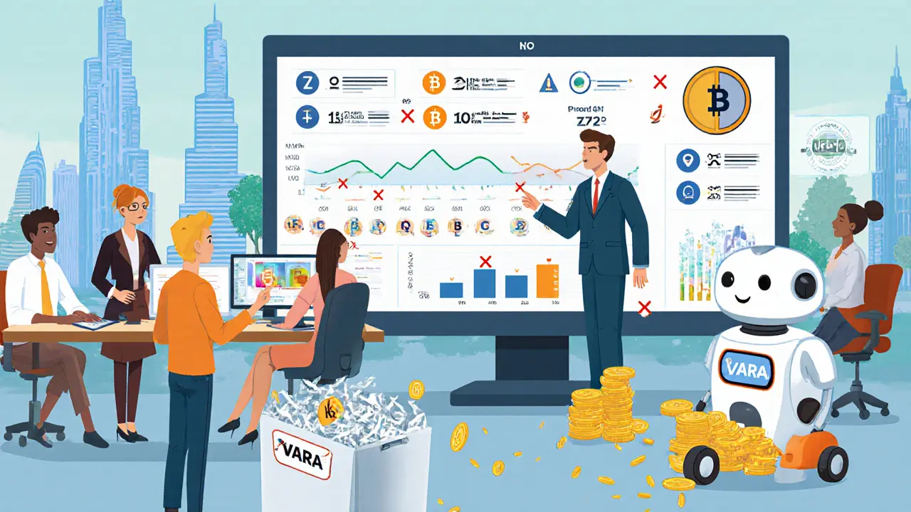 Crypto team in Dubai office monitoring compliance dashboards with banned coins being shredded.