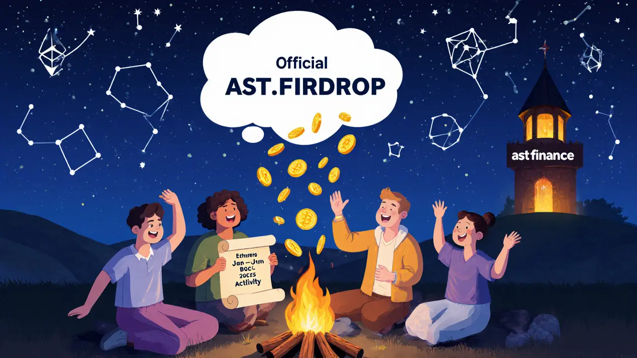 Crypto users around a campfire watching golden AST tokens fall from a cloud labeled &#039;Official Airdrop&#039;.