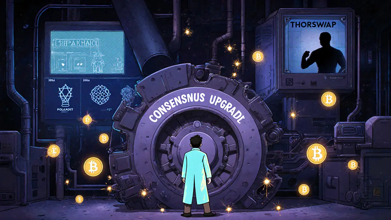 Developer working on a half-built engine as THORSwap looms nearby in a glowing lab.