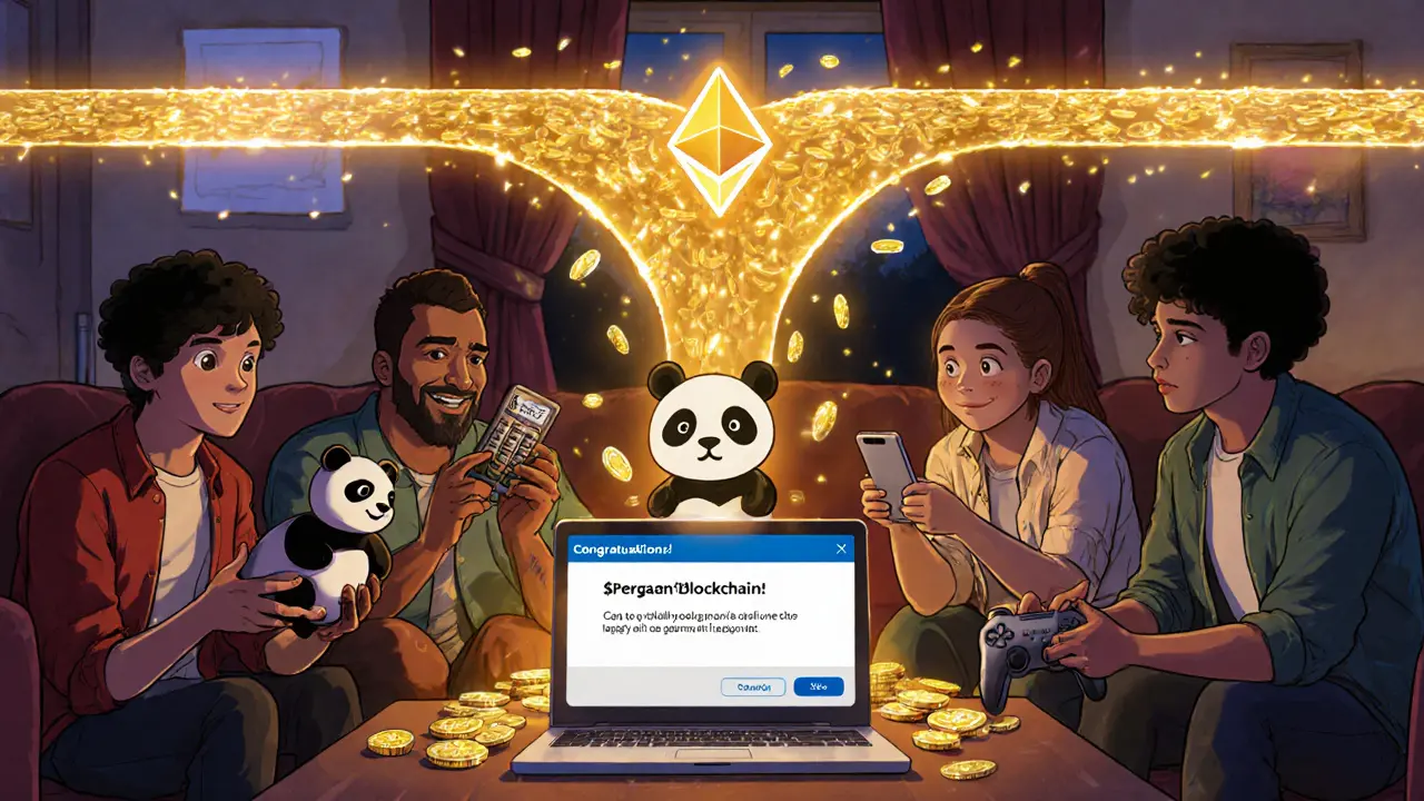 Five people celebrating an airdrop win with glowing tokens and a broken game controller in a cozy room.