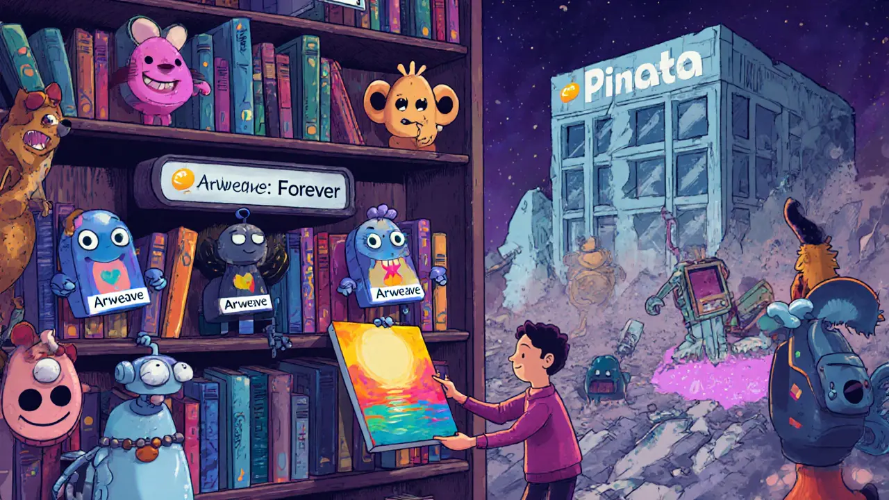 Friendly digital nodes pass files in a glowing library, while a creator uploads art to an &#039;Arweave&#039; shelf.