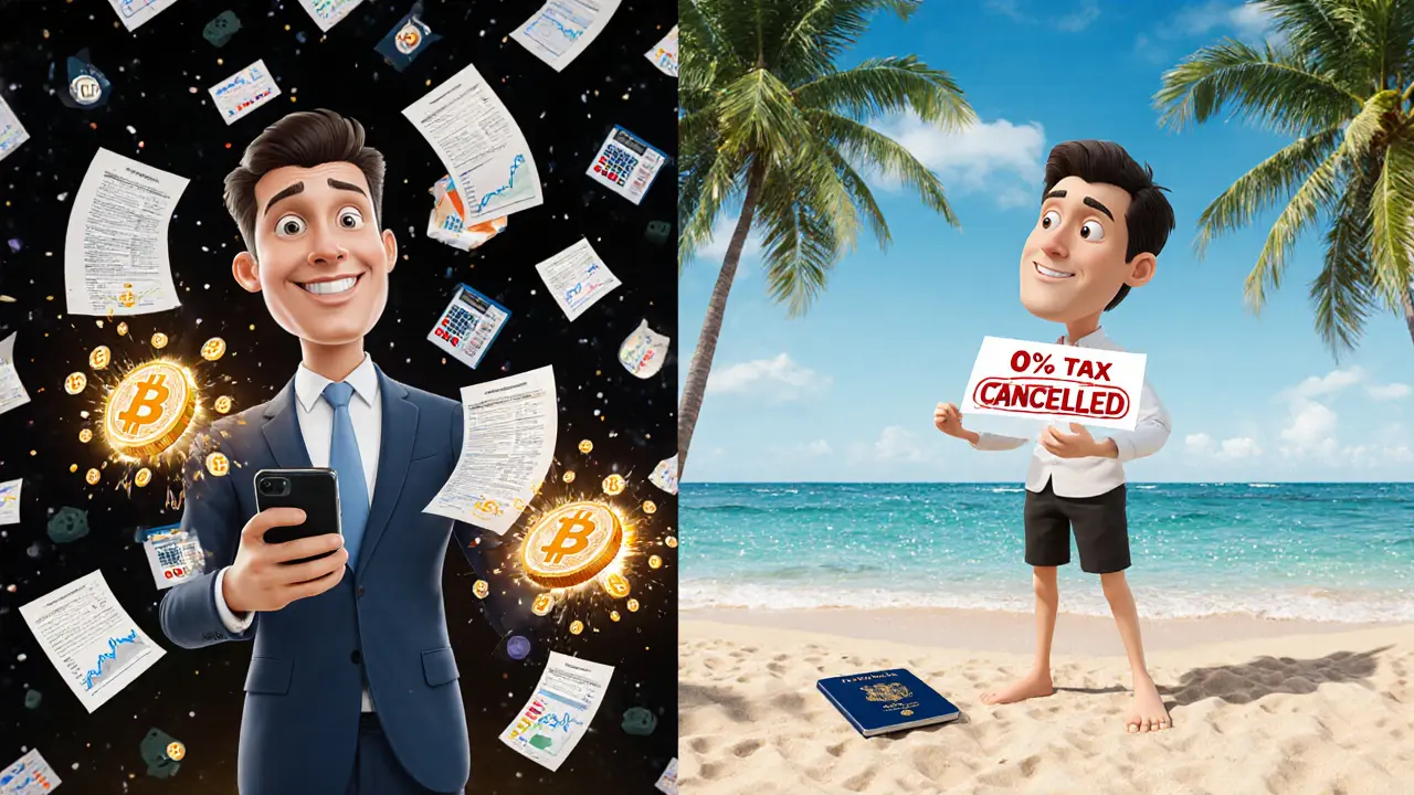 Split scene: chaotic IRS tax nightmare vs. peaceful beach life with zero crypto tax.