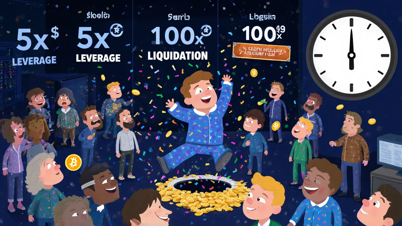 Traders in pajamas with leverage ratios above their heads, one falling through a &#039;LIQUIDATION&#039; hole at night.