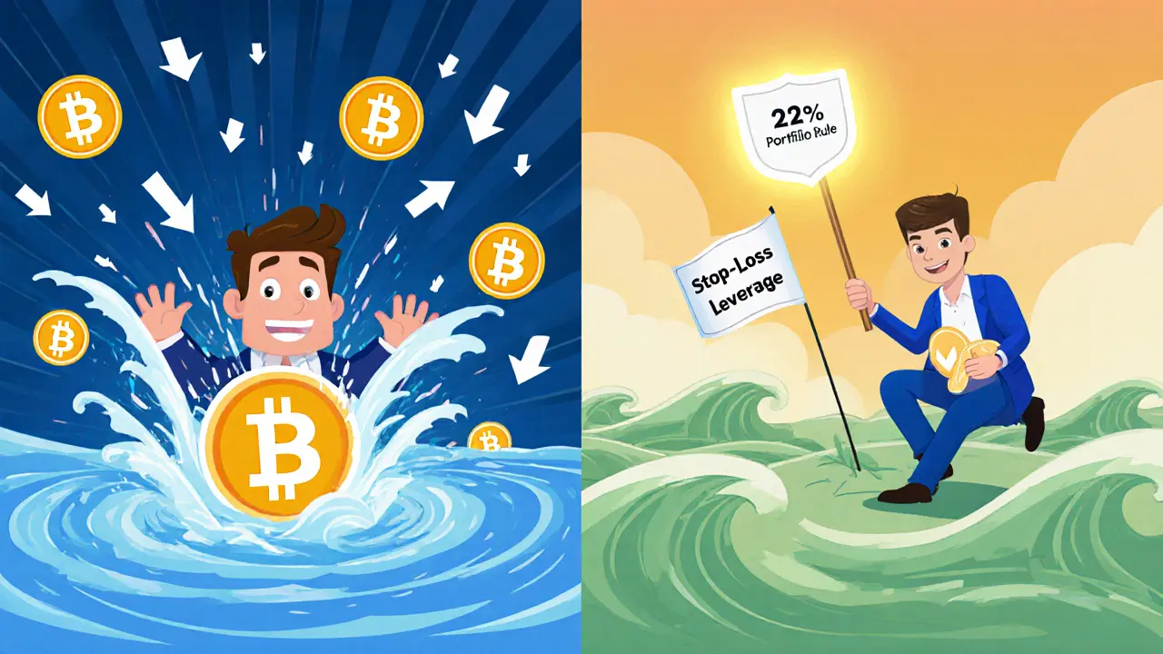 Two traders side by side: one overwhelmed by high leverage chaos, the other calm with low leverage and a stop-loss shield.