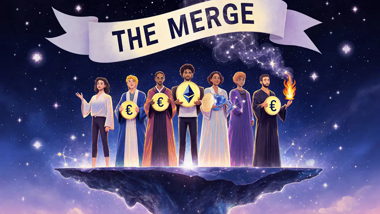 Validators on a floating Ethereum platform with staked tokens shining like stars and burning fee symbols fading away.