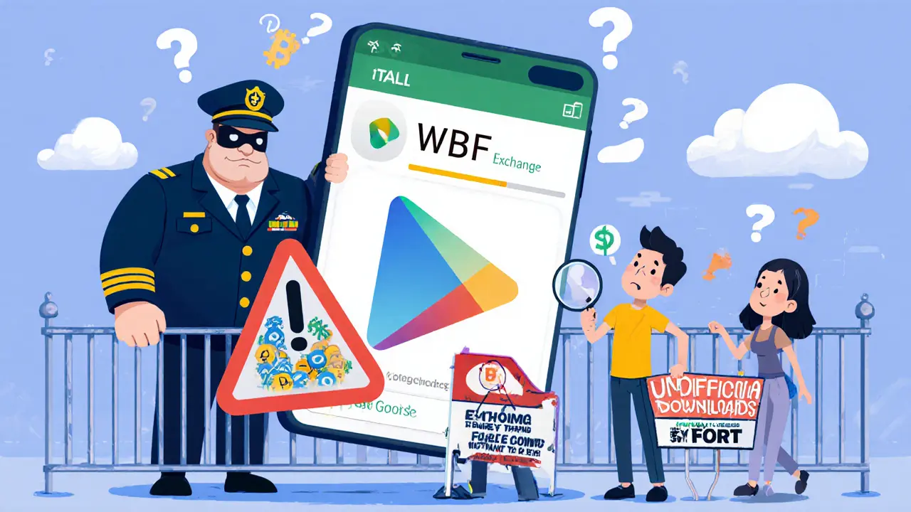 WBF app being kicked out of Google Play Store by a regulator as users reach for it from behind a fence.