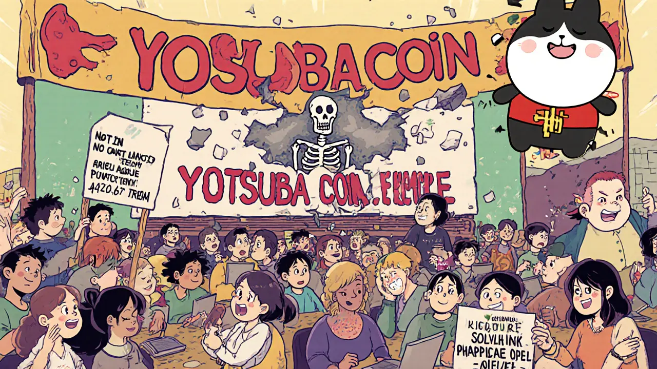 Yotsuba on a banner as confused users click phishing links, with a crumbling billboard revealing a hollow skeleton behind.