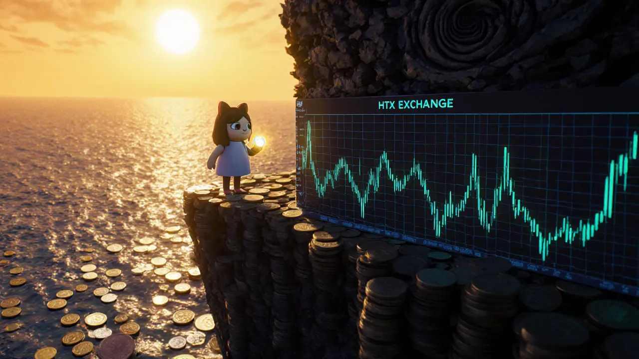 Yotsuba stands at a cliff of crypto charts, holding a faint token as a vortex swallows wallets in the background.