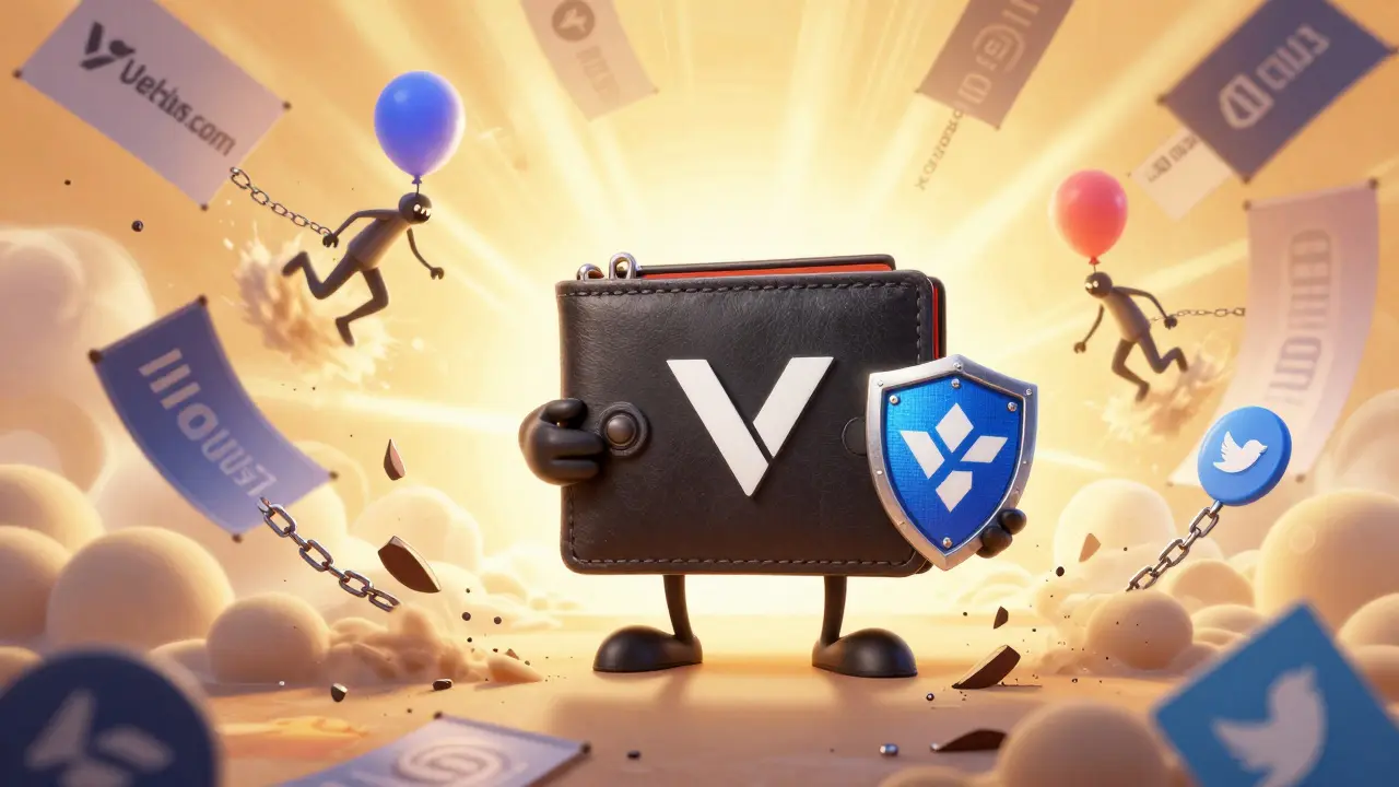A brave wallet defends against crumbling fake airdrop sites, guided by official Velas branding.