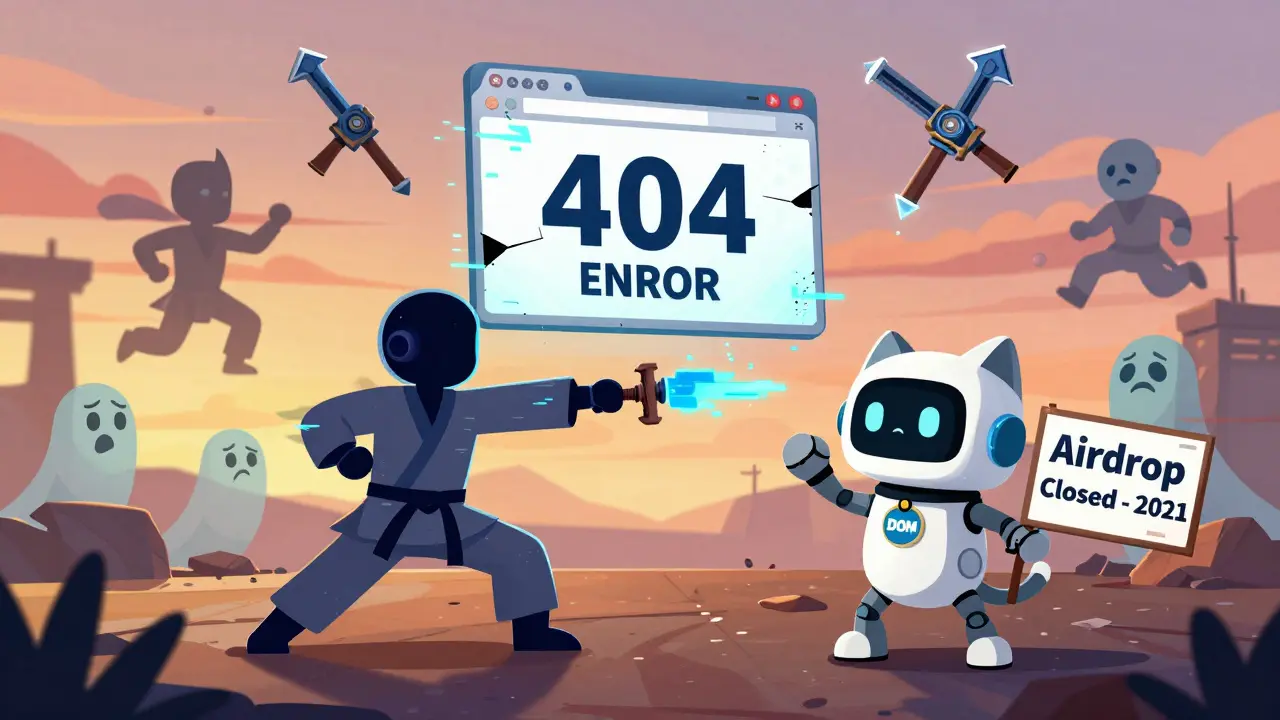 A broken digital dojo with glitching NFT weapons and a robot cat holding a &#039;Airdrop Closed&#039; sign.