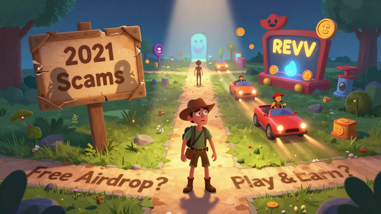 A character choosing between scammy airdrops and real gameplay, with a glowing path to racing and rewards ahead.