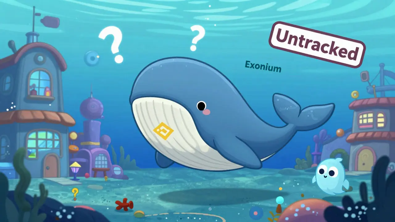 A cheerful crypto whale in a vibrant exchange city beside a hollow ghost fish labeled 'Exonium'.