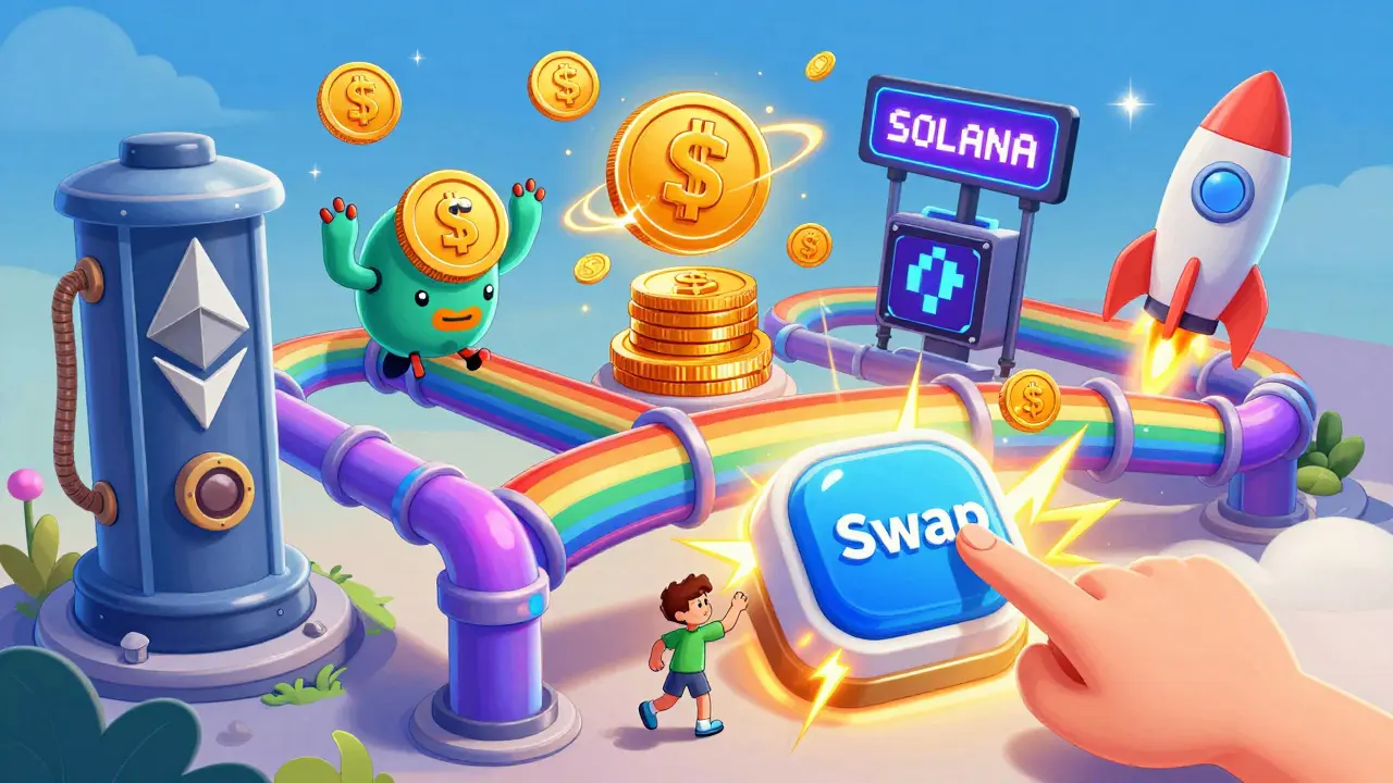 A colorful cross-chain bridge connecting five animated blockchain worlds with a user clicking a giant swap button.