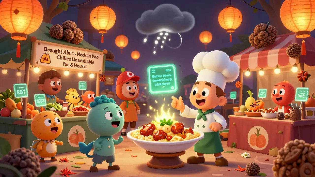 A colorful marketplace where players trade rare food NFTs under floating spice lanterns while weather alerts flash above.