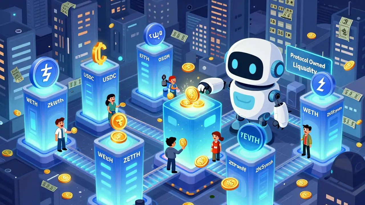 A compact DeFi city with six trading towers and a robot pumping liquidity, contrasting a chaotic distant Uniswap metropolis.