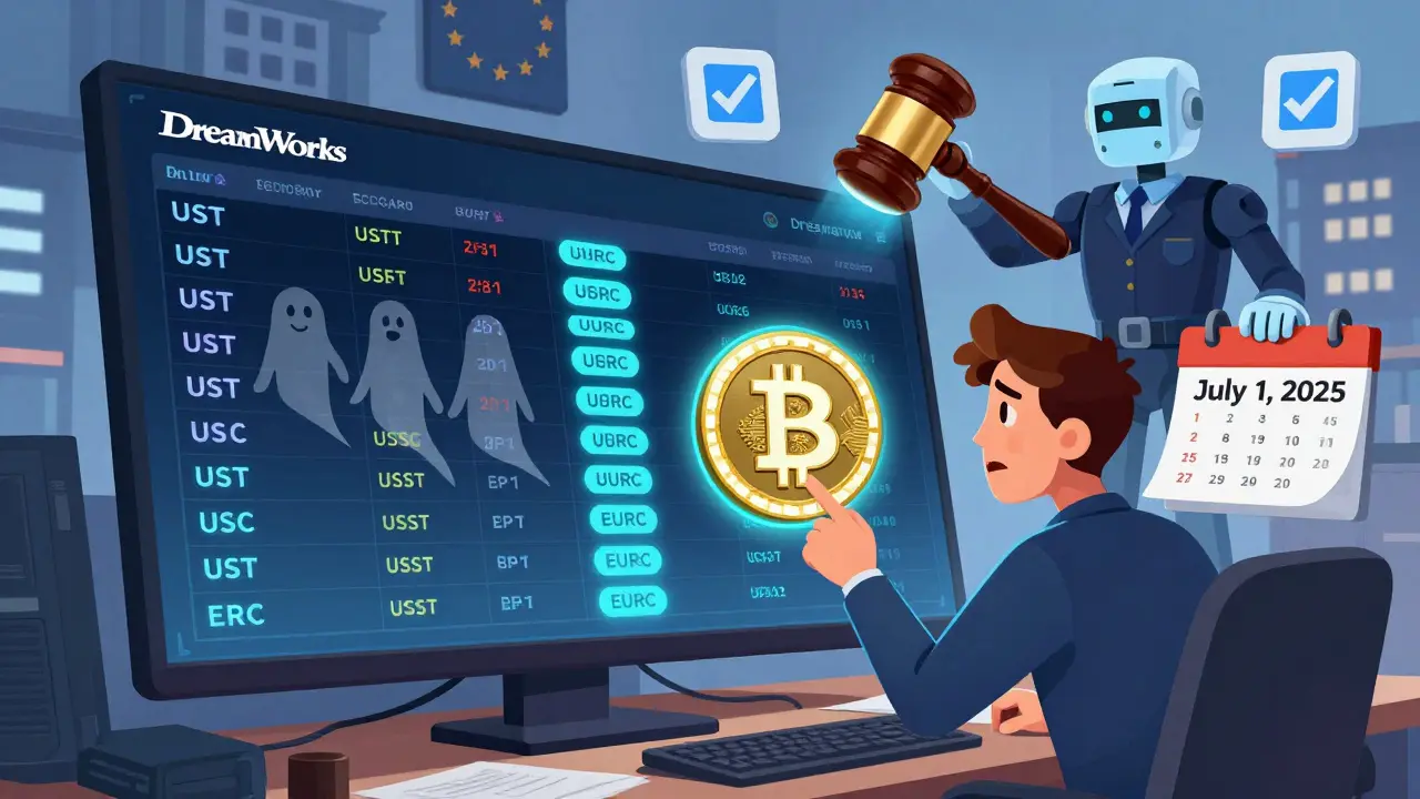 A crypto exchange dashboard showing USDT fading away as USDC and EURC glow, with a regulator overseeing the transition.