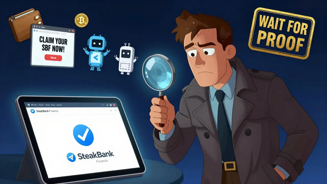 A detective examining a fake SBF website as real official site glows safely nearby.