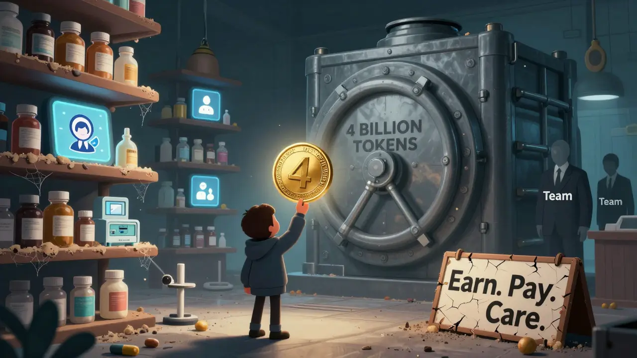 A dusty healthcare marketplace with empty shelves and a massive vault holding billions of unused MDUS tokens.