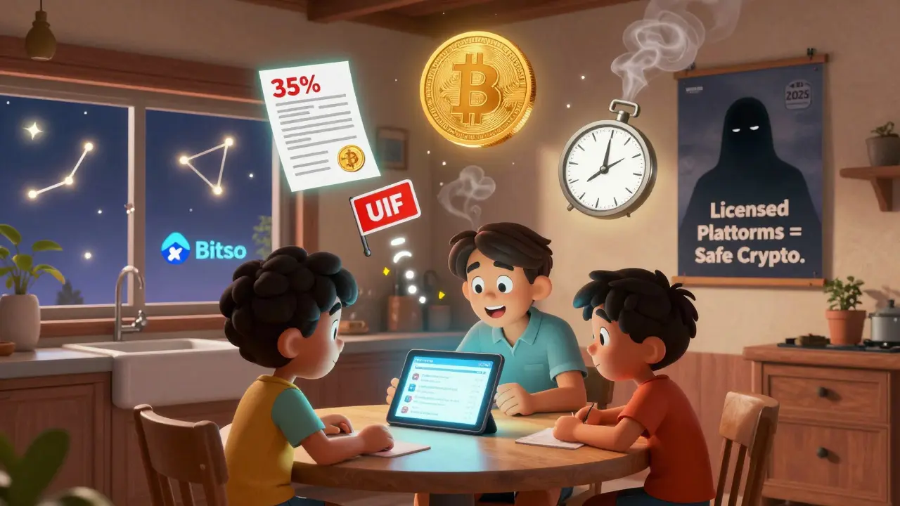 A family reviewing crypto transactions on a tablet, with tax and digital peso icons glowing above them in cartoon style.