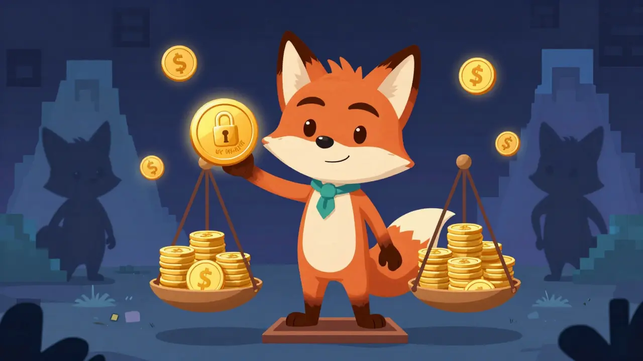 A fox-like VC token on a scale balancing locked votes against trading fees, with other DEXs in the background.