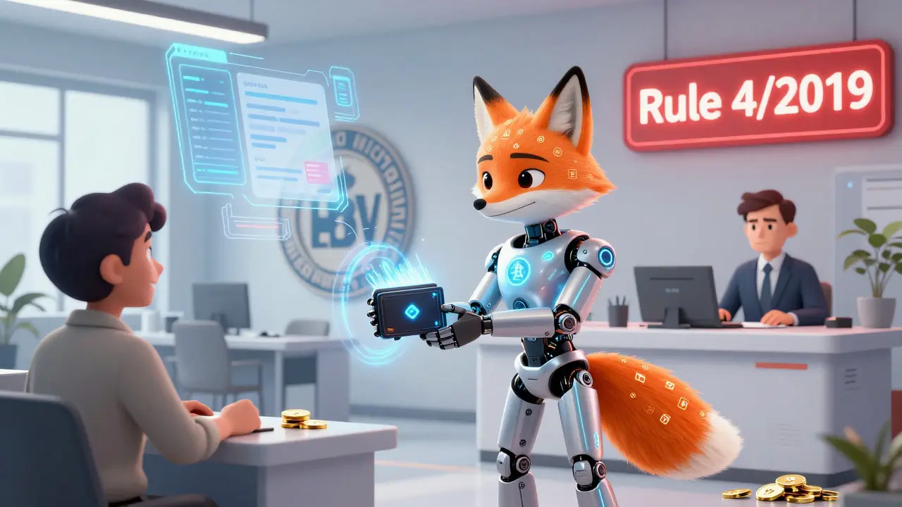 A friendly Digital Agent character giving a secure wallet to a customer, with CNBV and Banxico symbols in the background.