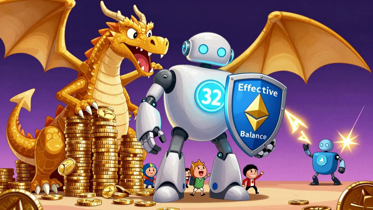 A friendly validator robot blocks a dragon of stacked ETH coins, protecting small investors from centralization.