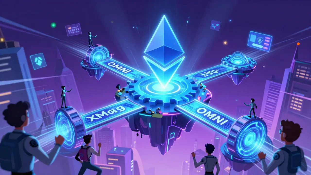 A futuristic Ethereum network with glowing rollups and a heroic OMNI token flying between them.
