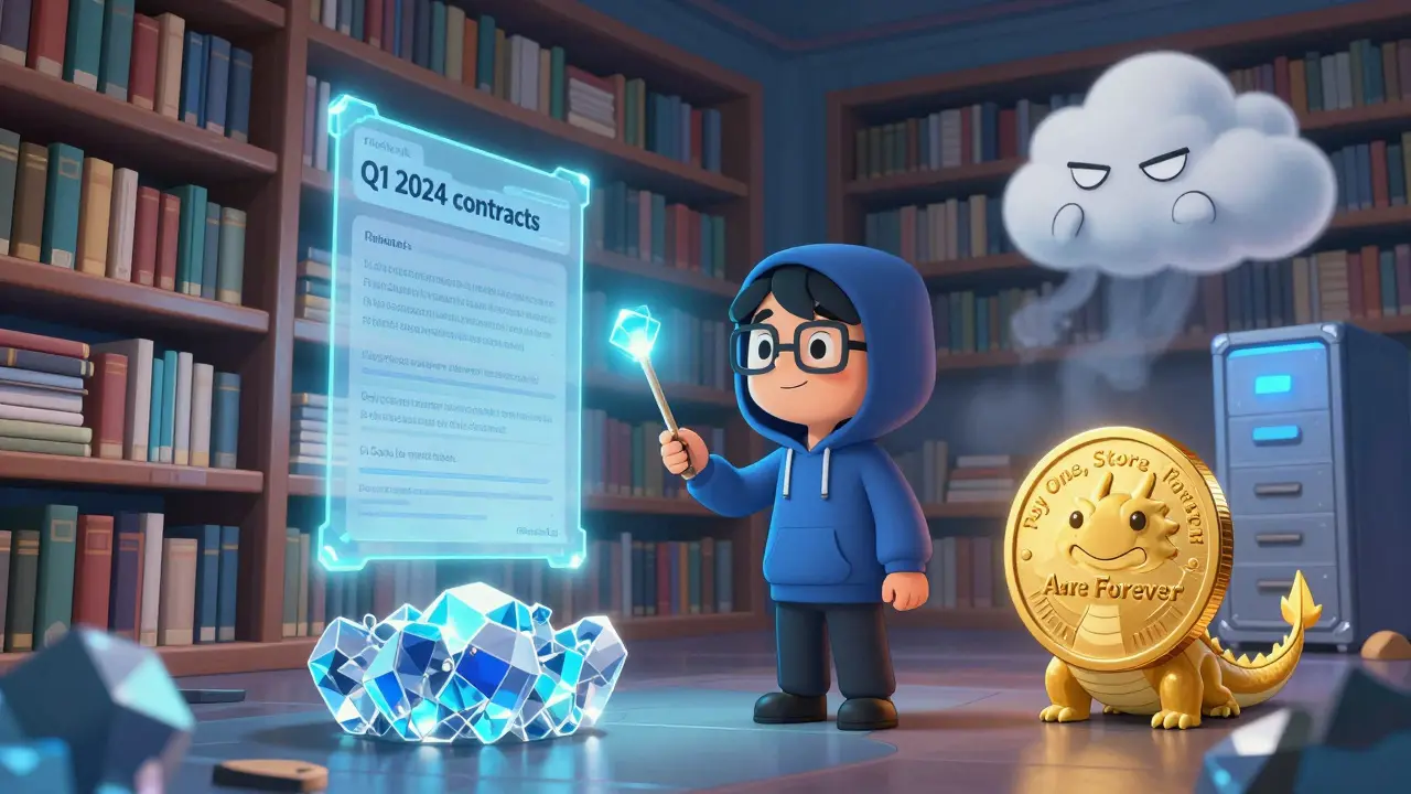 A futuristic library with blockchain bookshelves, a developer searching holographic contracts, while a cloud server fades away.