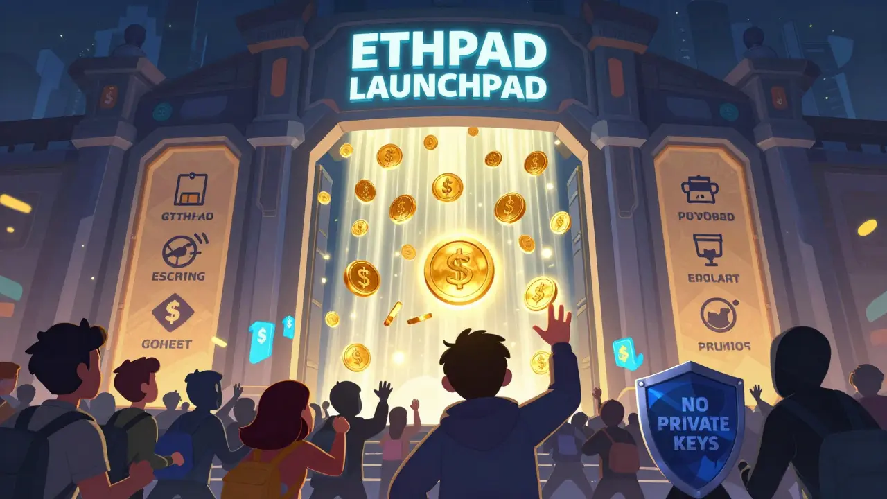 A gate spilling $ETHPAD tokens into a crowd while scammer figures are blocked by a 'No Private Keys' shield.