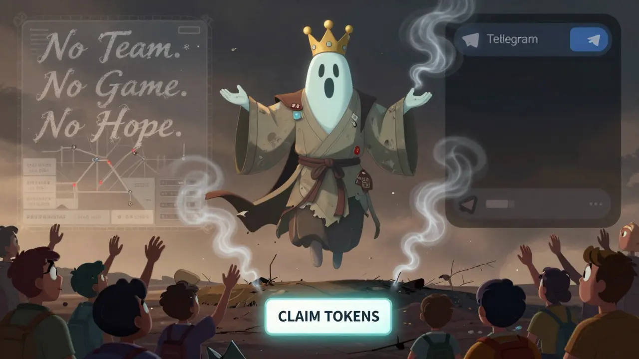 A ghostly king floats above an empty blockchain ledger as players reach for vanished tokens.