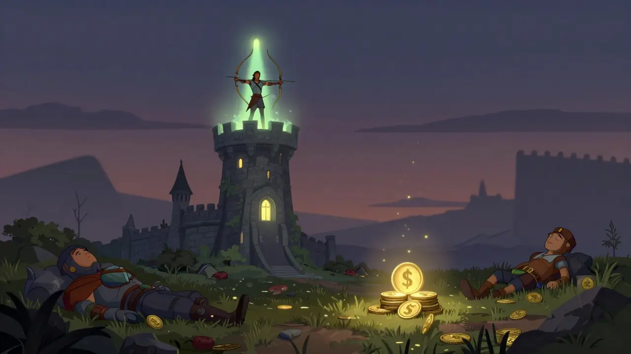A lone Legendary Archer NFT stands on a ruined castle tower, surrounded by faintly glowing $MCRT tokens.