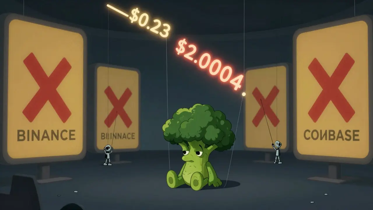 A lonely broccoli token sitting alone on an empty trading floor with a crashing price chart above it.