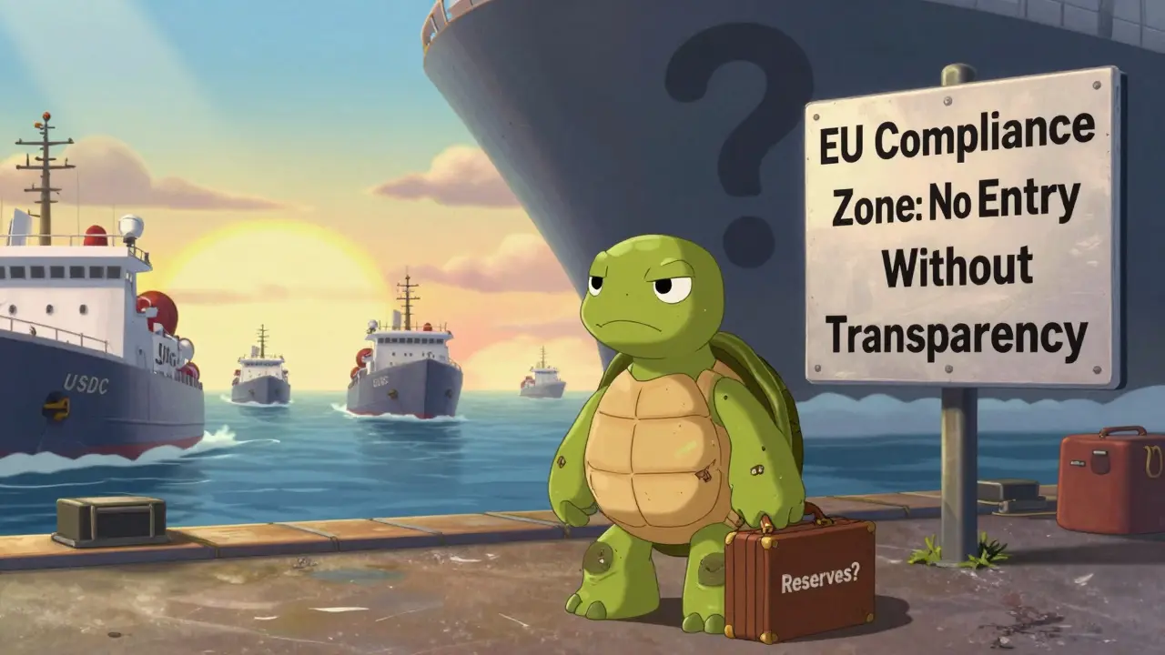 A lonely Tether turtle watching compliant stablecoins sail away under a regulatory sunrise.