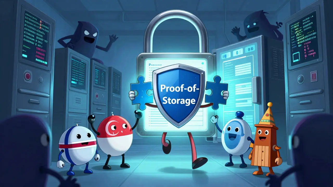 A medical chart hero dodging hacker monsters, protected by friendly robot nodes holding puzzle pieces that form a shield.