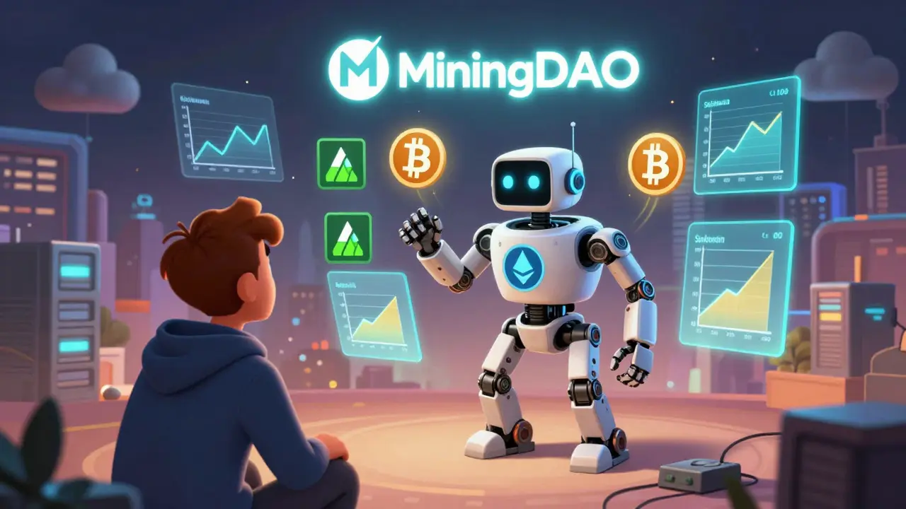 A miner watches his ASIC miner turn into a multi-chain robot, with floating earnings graphs and blockchain icons in the sky.