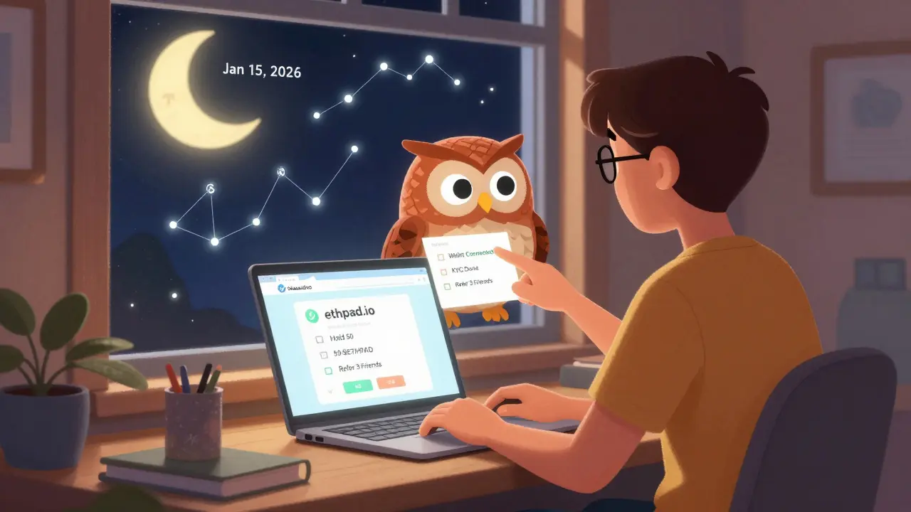 A person at a desk with an owl guiding them through an airdrop checklist under a night sky shaped like token symbols.
