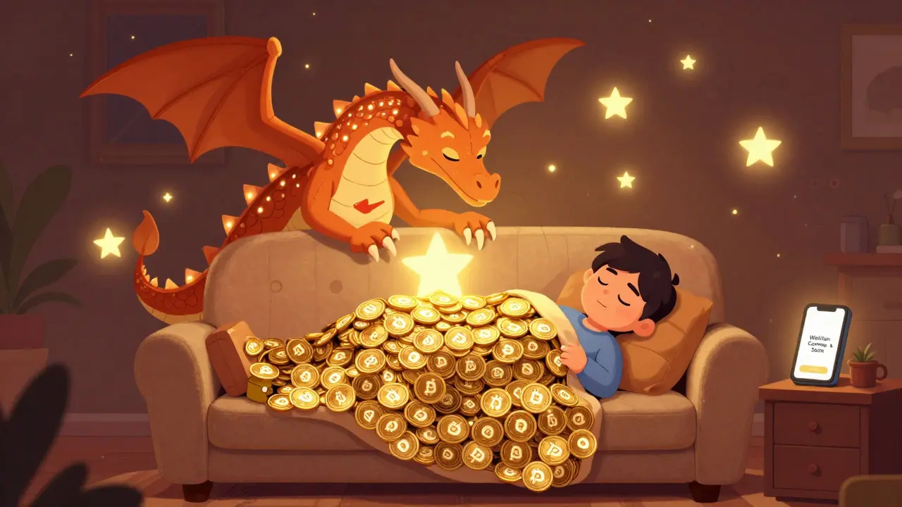 A person sleeping on a wallet couch as a Magic Eden dragon tucks them in with token blankets under a starry crypto sky.