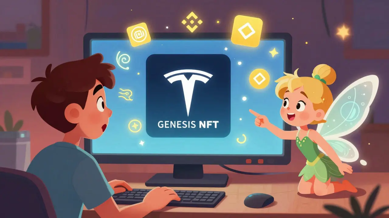 A player amazed as a hidden Tesla image appears inside their NFT, surrounded by glowing runes and digital magic.