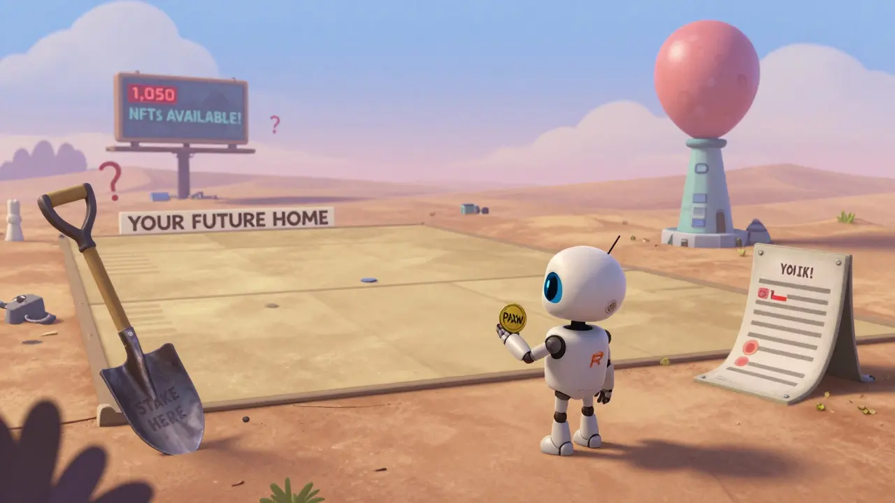 A small robot stares at an empty virtual plot with abandoned tools and flickering NFT signs.