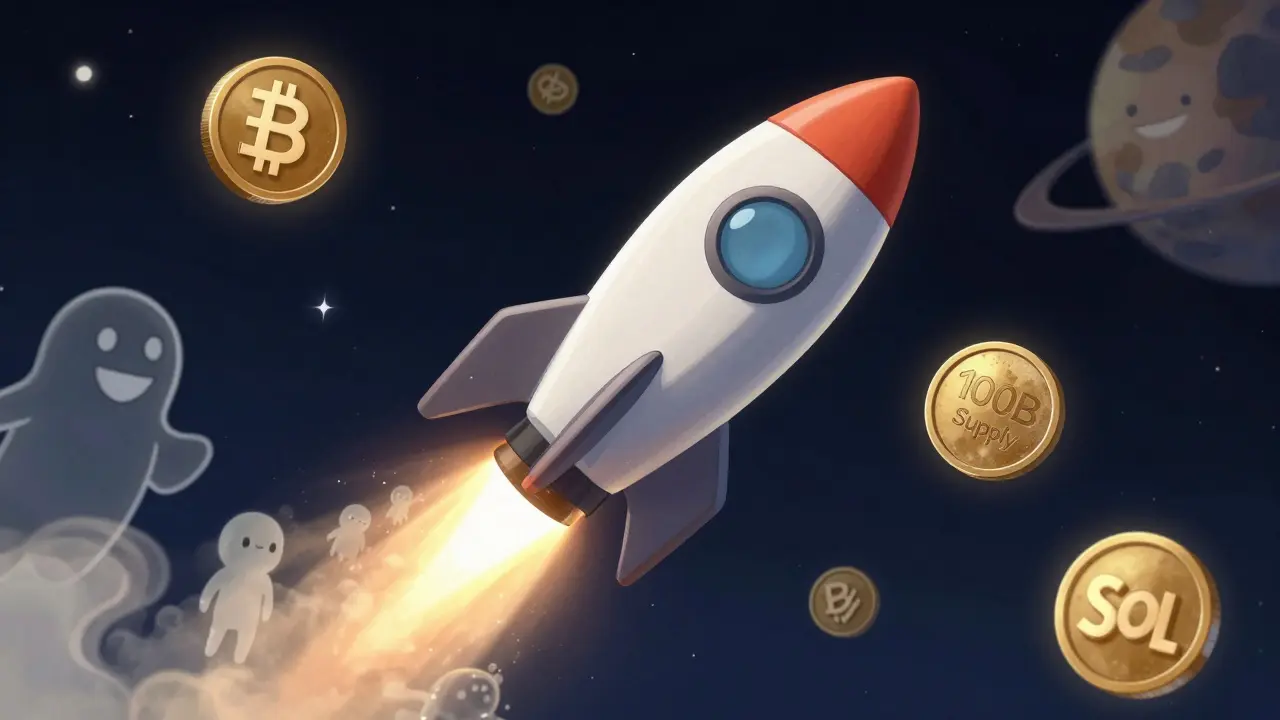 A Solana rocket flying through space with an empty cargo hold, overshadowed by other successful crypto tokens.