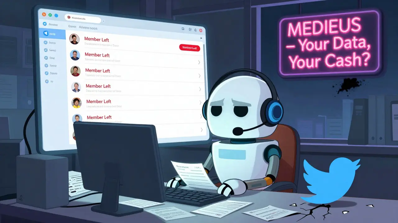 A tired customer support robot surrounded by unread tickets and fading digital signs of a failed platform.