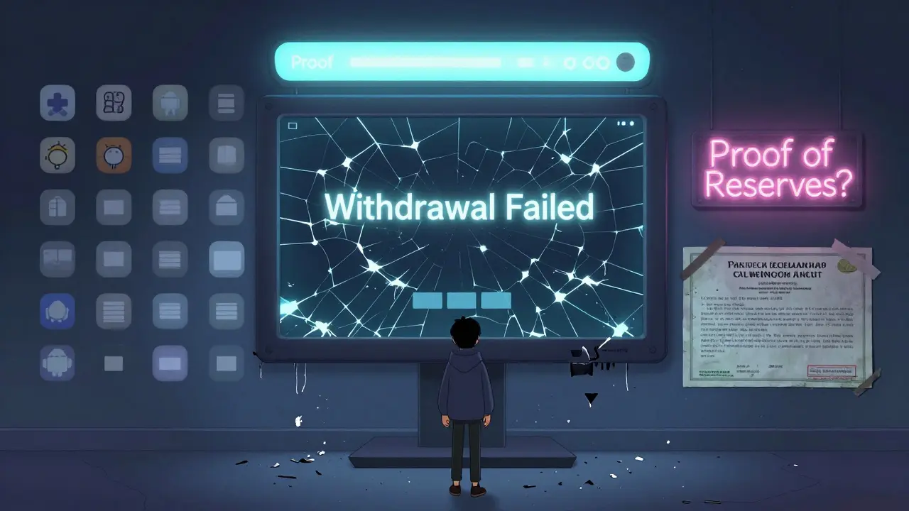 A user facing a broken screen with 'Withdrawal Failed' as licenses and app icons dissolve into dust.