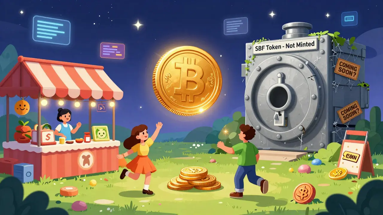 A vibrant DeFi scene with liquid tokens trading at PancakeSwap while SBF token vault remains locked.