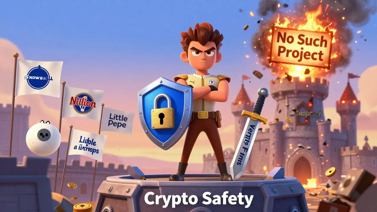 A wallet hero defending crypto safety against a crumbling 'Swaperry' castle as real airdrops celebrate.