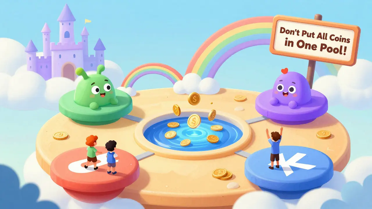 A whimsical staking pool hub transforms coins into stETH tokens, with warning signs about centralization risks.