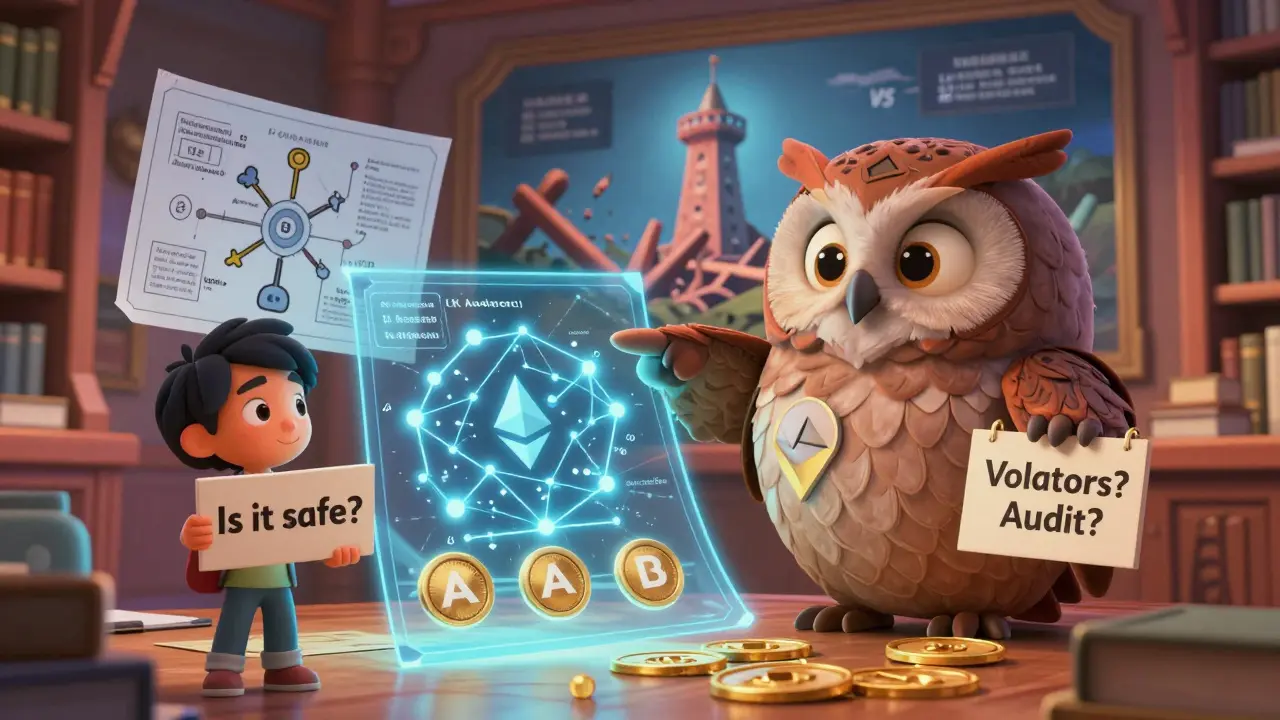 A wise owl auditor examines sidechain blueprints with three golden security rules visible, while a mural contrasts a collapsed sidechain with a secure one.