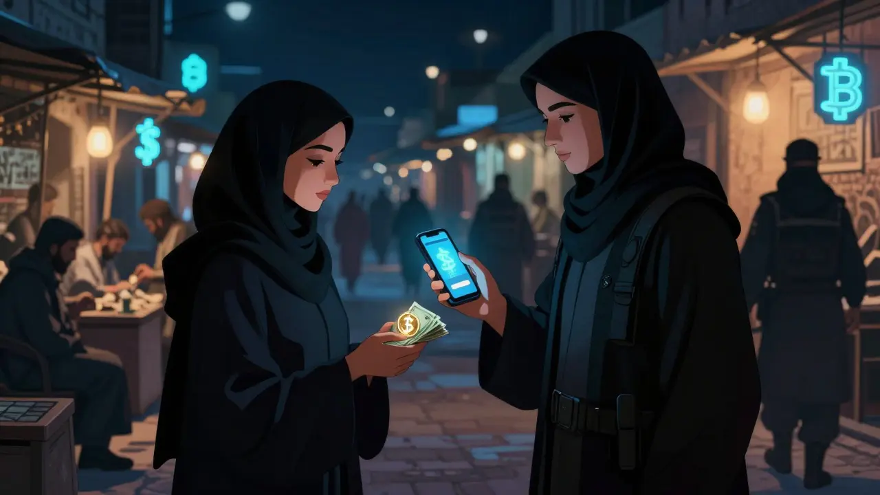 A woman secretly trades cash for USDT in a market while Taliban officers pass nearby.