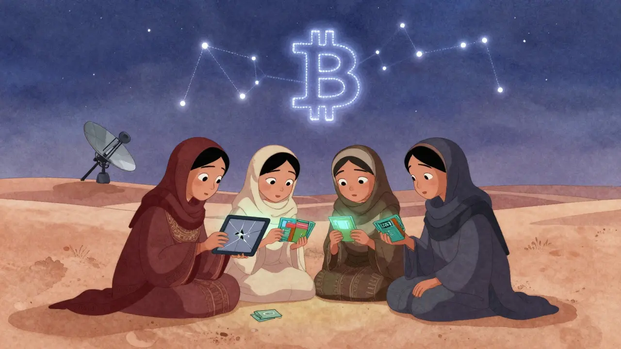 Afghan women use satellite internet under the stars to send crypto payments at night.
