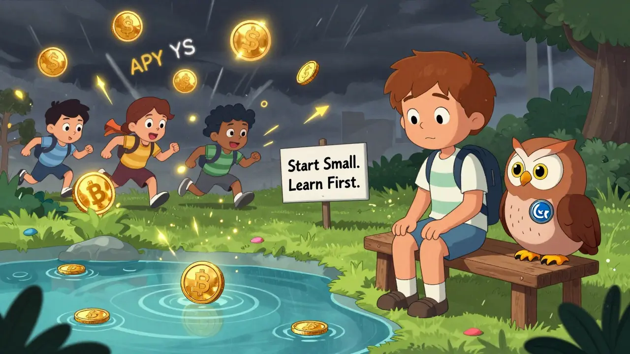 Beginner calmly watches stablecoin pond while chaos rages nearby, holding &#039;Start Small&#039; sign.
