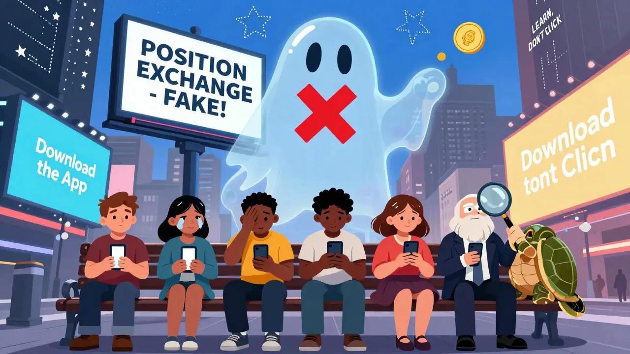 Cartoon victims on a bench with a ghostly 'FAKE' billboard above, while a wise turtle points it out under real crypto ads.